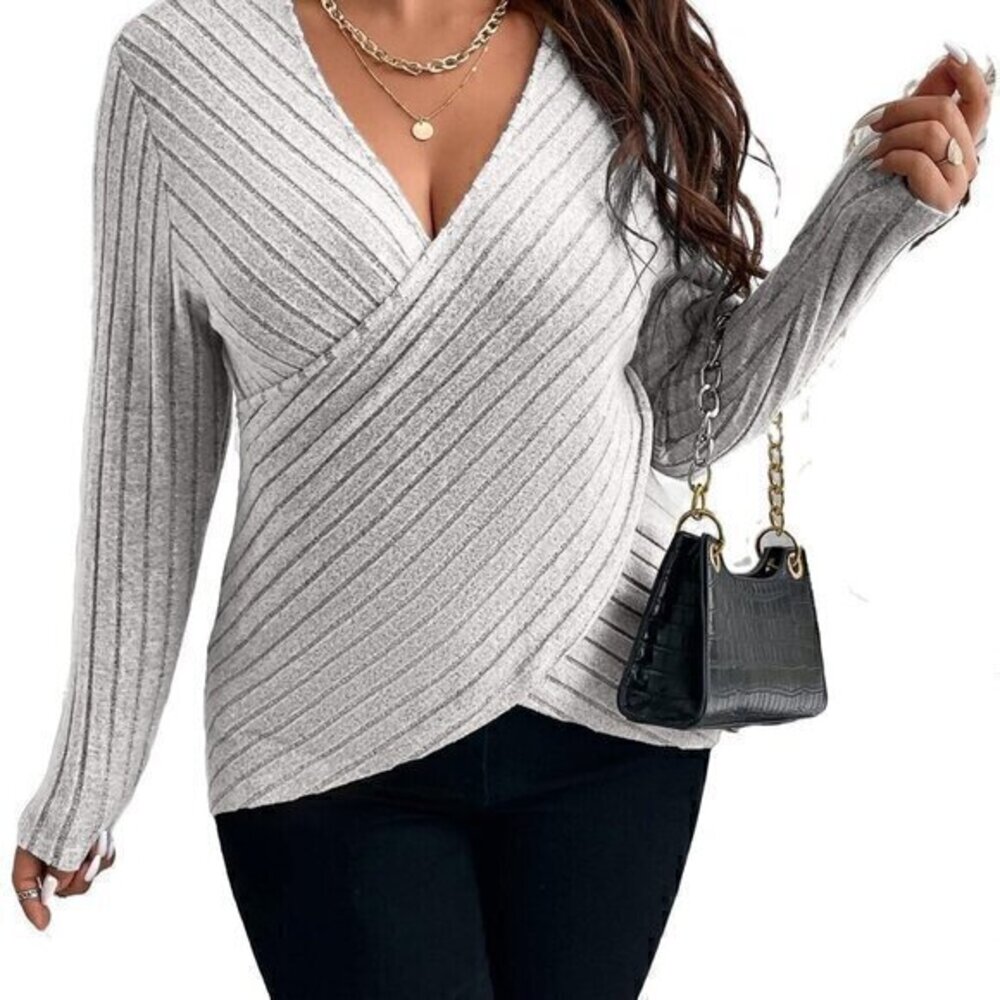 1X Wrap V Neck Criss Cross Long Sleeve Sweater